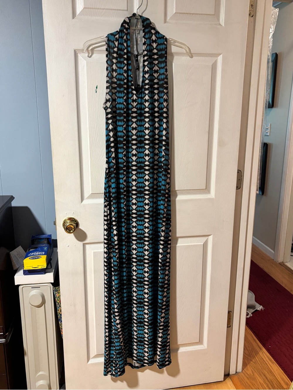 Deborah Viereck Vodka Style Sleeveless Blue Black Cream Geo Print Maxi Dress M